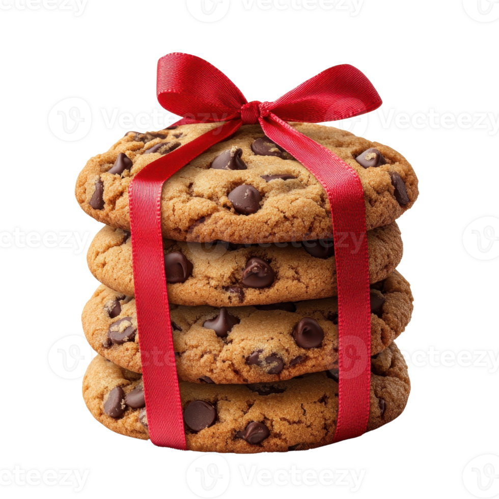 A stack of chocolate chip cookies tied with a festive red ribbon, creating a delightful and inviting appearance. png