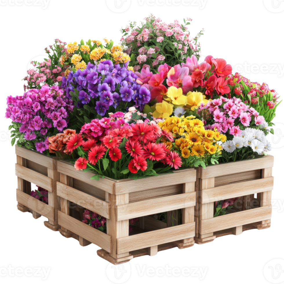 A colorful assembly of fresh flowers arranged in wooden crates, showcasing a vibrant mix of blooms. png