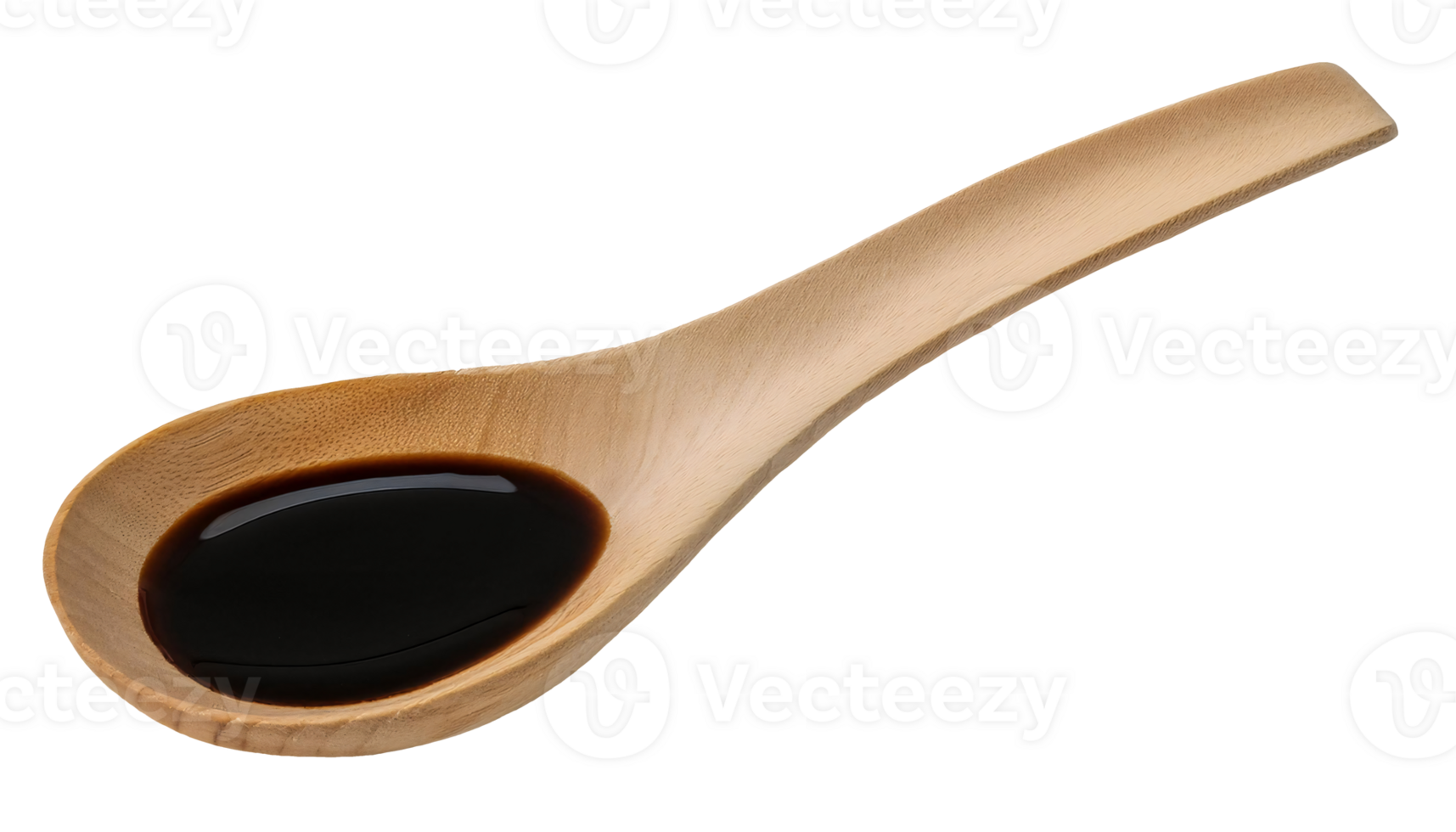 wooden spoon filled with dark soy sauce, glossy and rich Asian seasoning, essential ingredient for cooking, on isolated background png