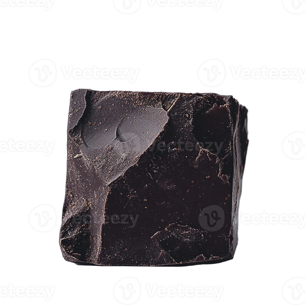Close up of rich dark chocolate chunk with detailed texture and glossy surface on transparent background png