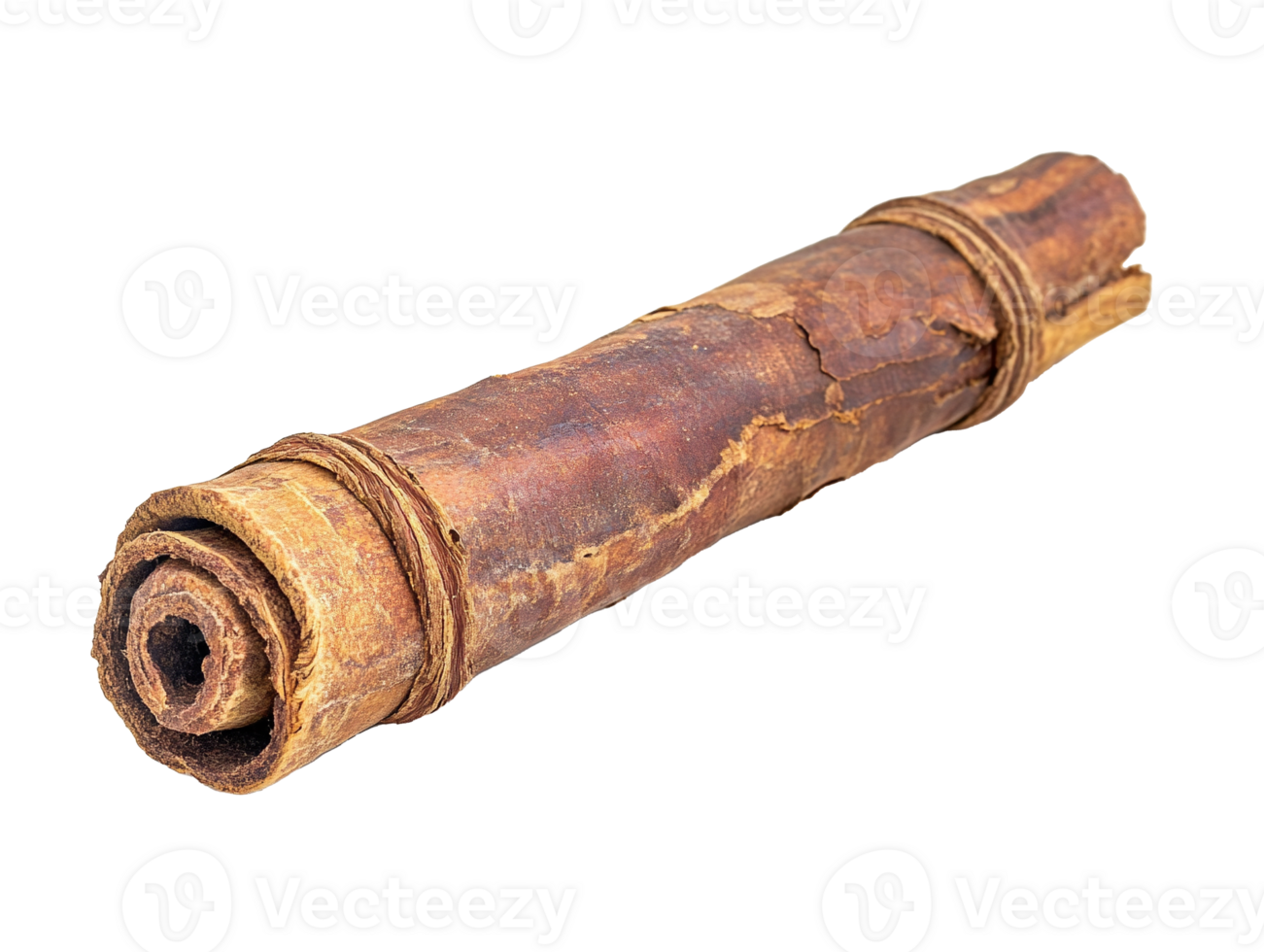 Hand-rolled cinnamon stick showcasing detailed texture and natural curves isolated on transparent background png