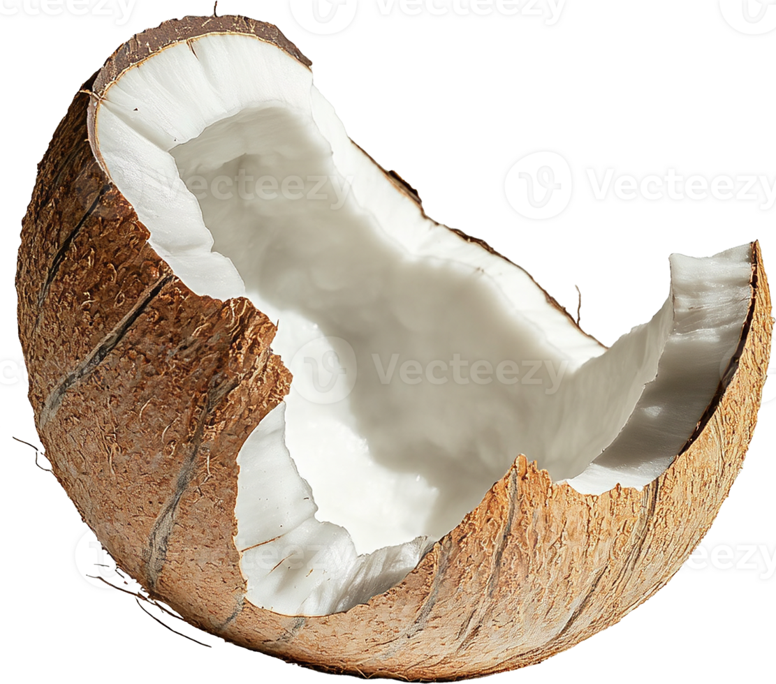 Cracked open coconut half showcasing natural white flesh and textured brown shell isolated on transparent background png