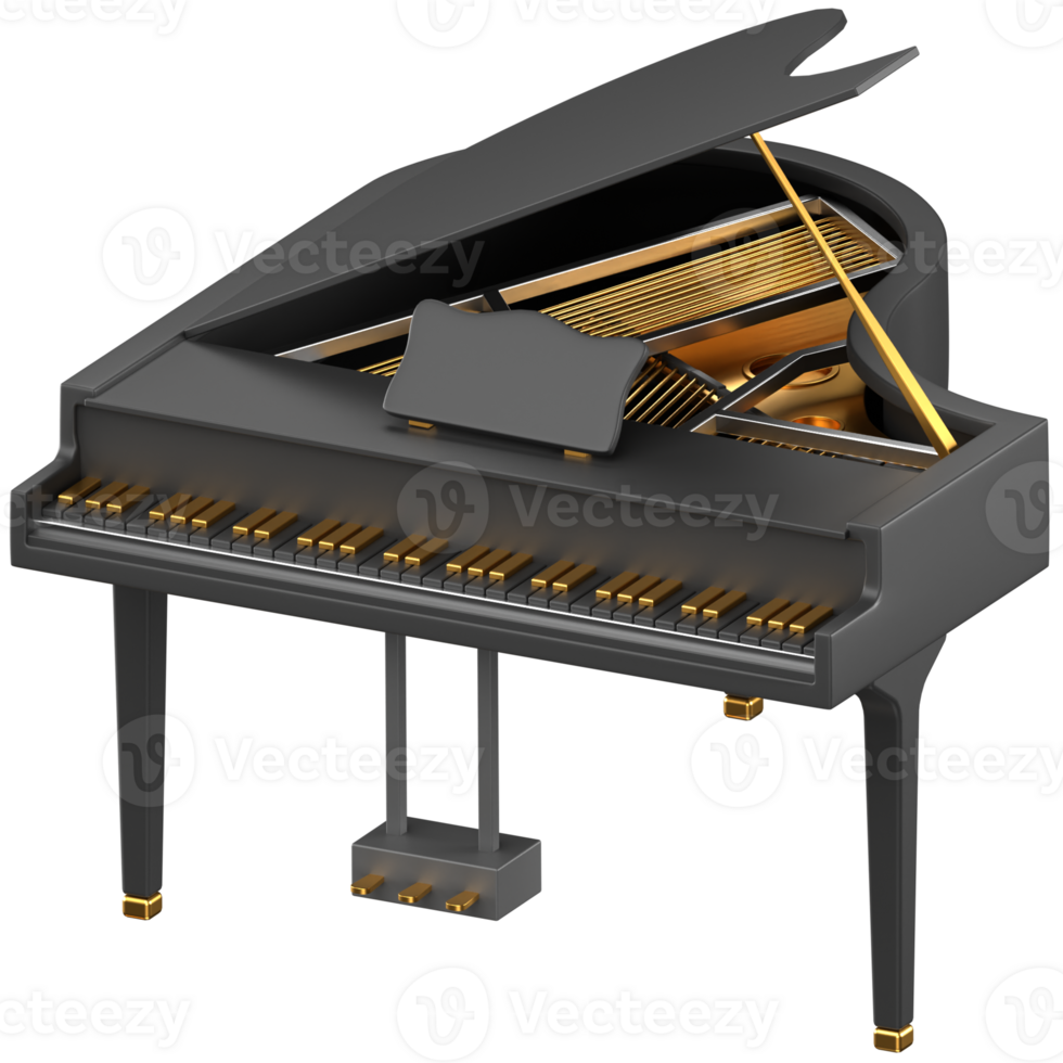 A black grand piano with gold trim png