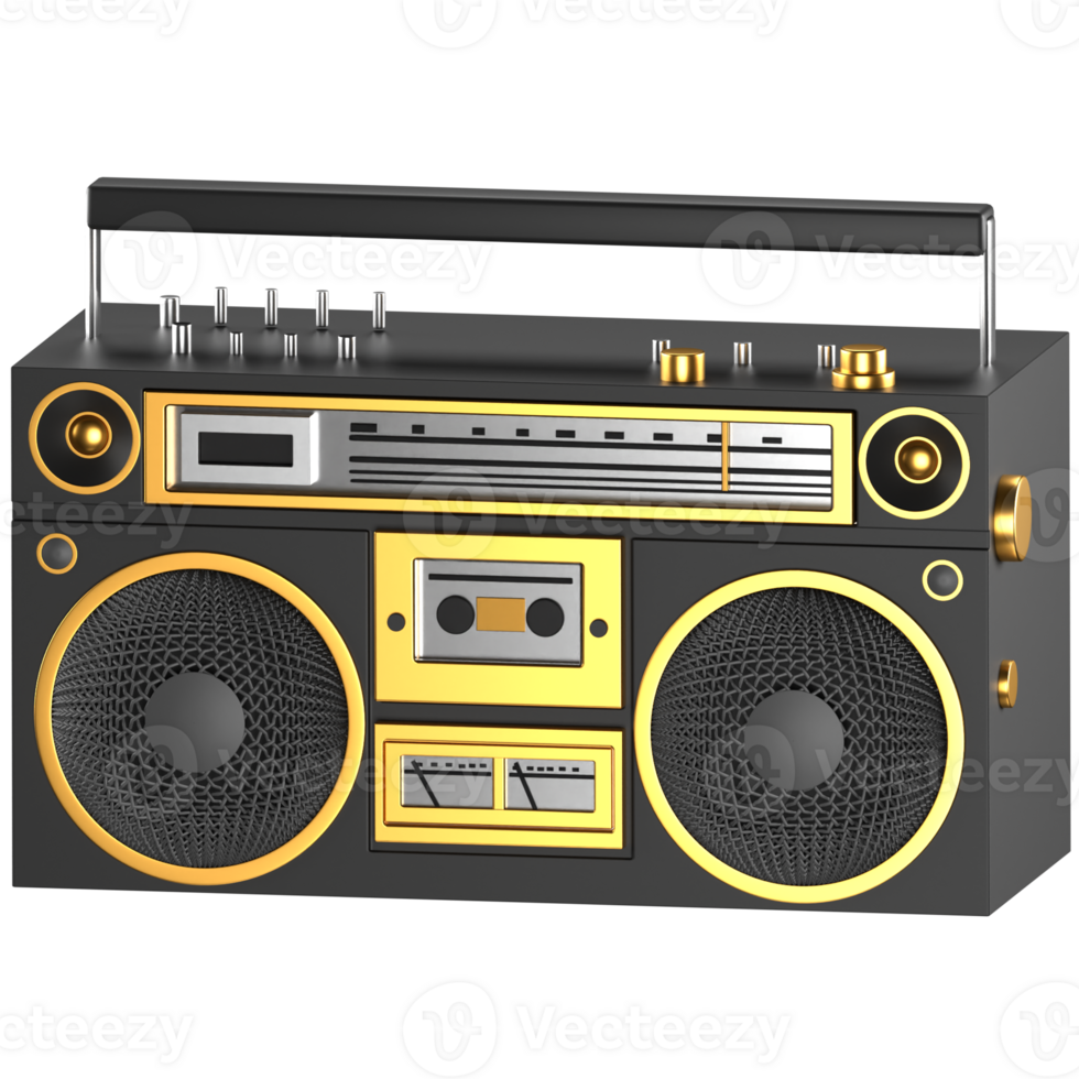 3D illustration of a black and gold old Radio png