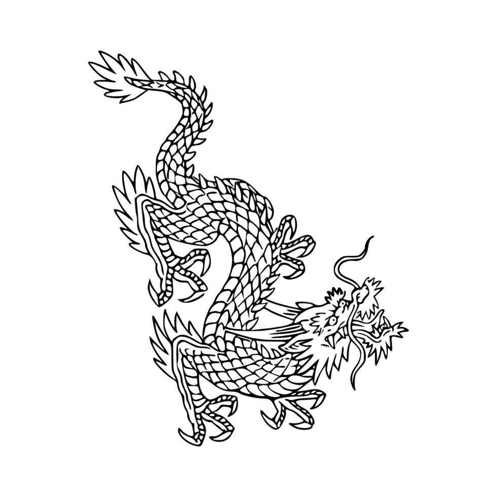 A dragon is shown in black and white vector