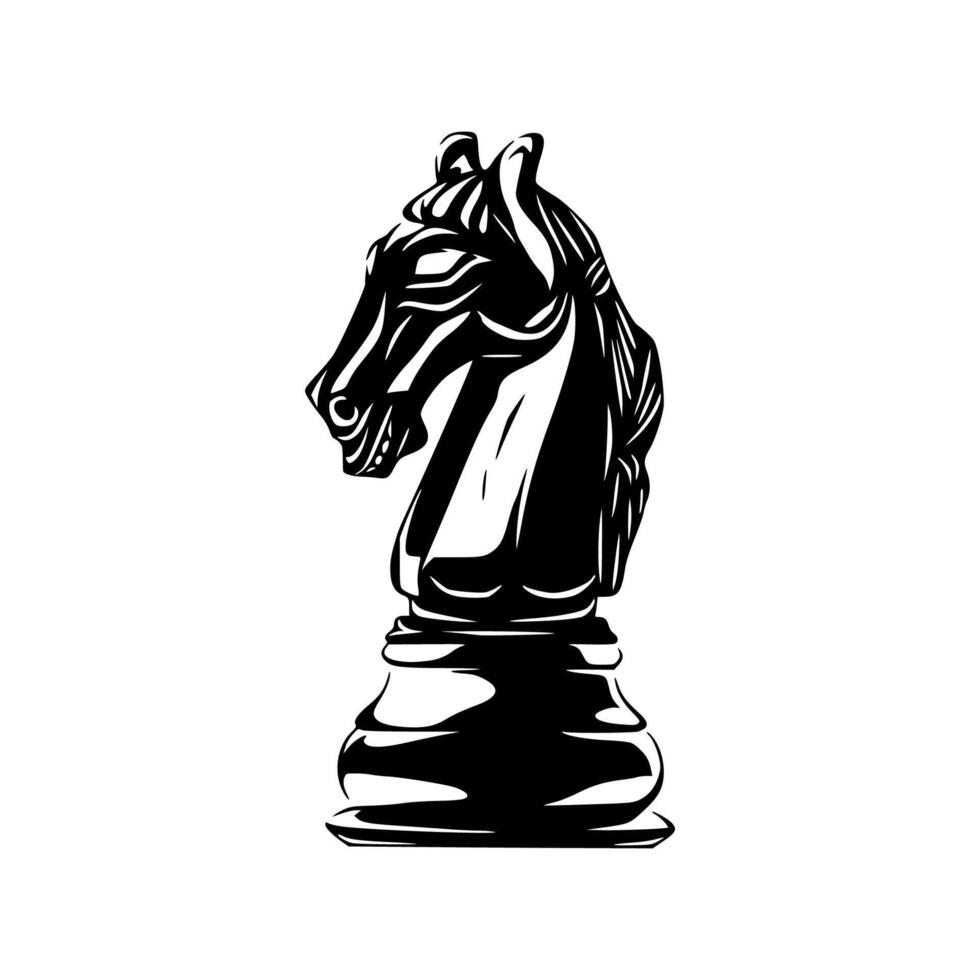 A black and white illustration of a horse head on a chess piece vector