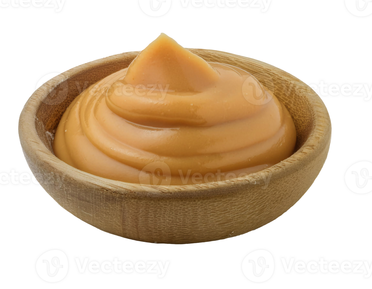 wooden bowl filled with smooth butterscotch cream, rich and buttery caramel spread, sweet dessert topping, gourmet confectionery, on isolated background png