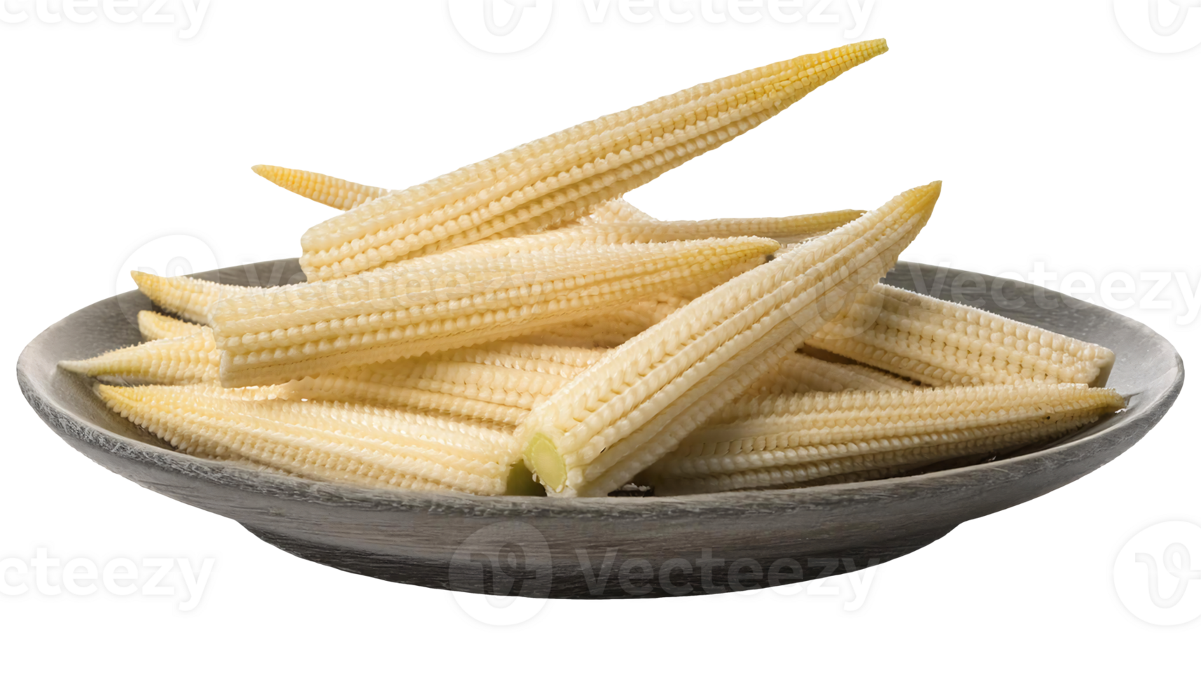 wooden plate filled with fresh baby corn, tender young corn cobs, organic mini corn, healthy vegetable for cooking, on isolated background png