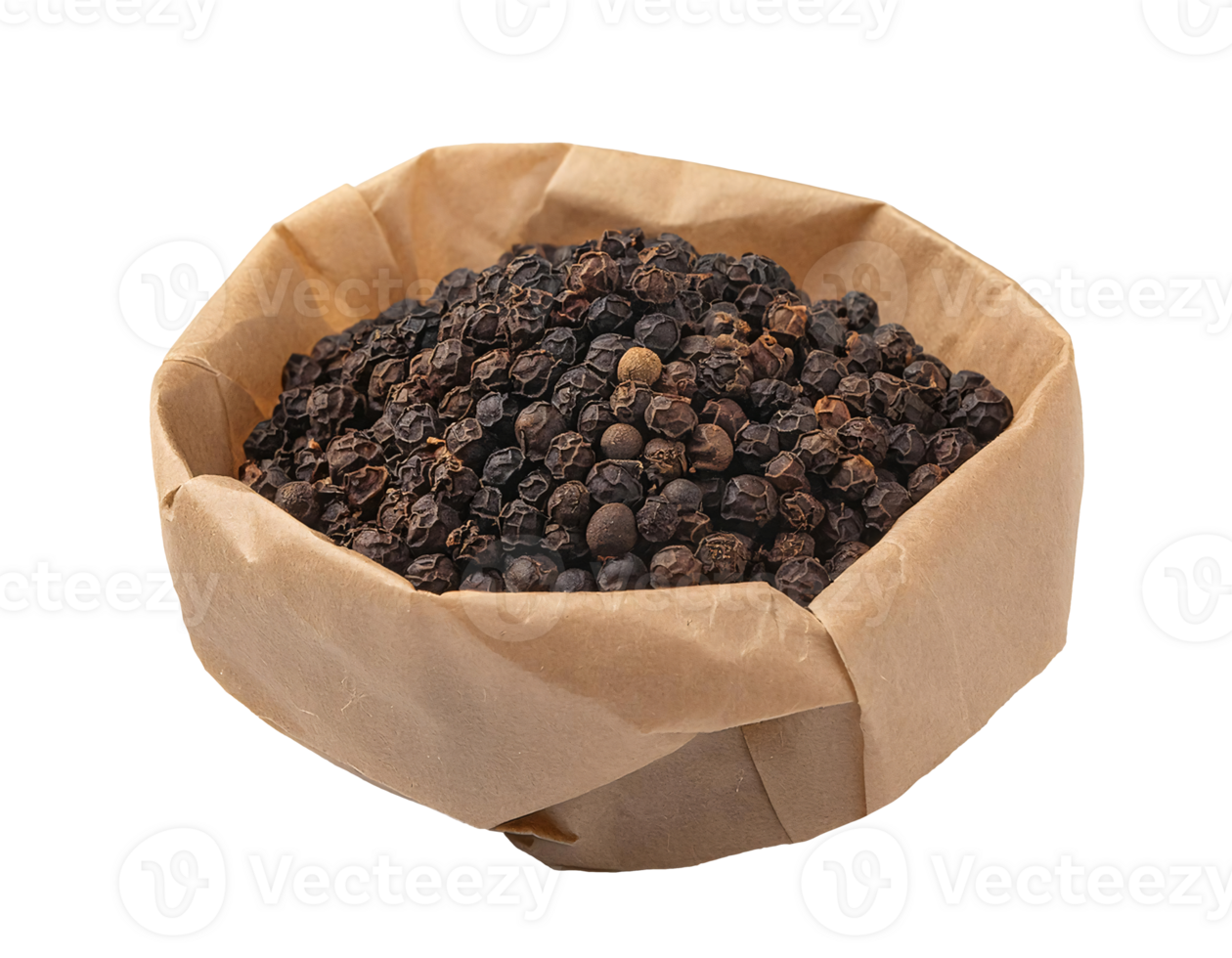 dried black peppercorns in paper pouch, aromatic whole spice, organic seasoning, gourmet cooking ingredient, on isolated background png