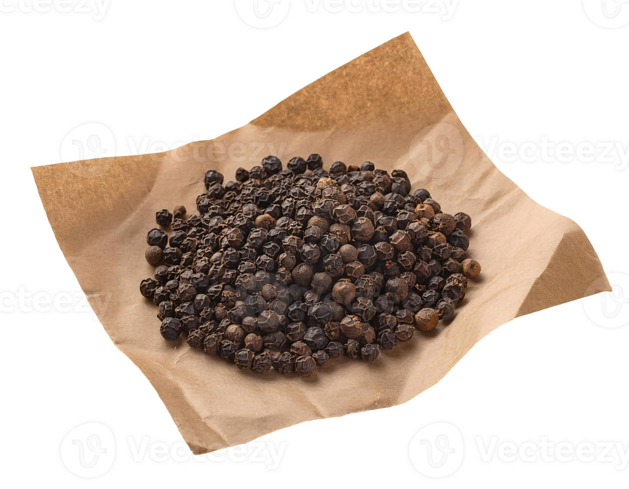 dried black peppercorns on parchment paper, aromatic whole spice, organic seasoning, gourmet cooking ingredient, on isolated background png