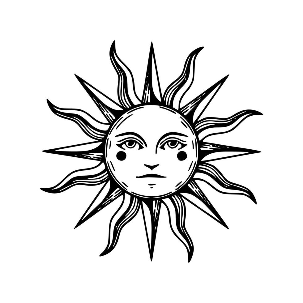 A black and white drawing of a sun with a face vector
