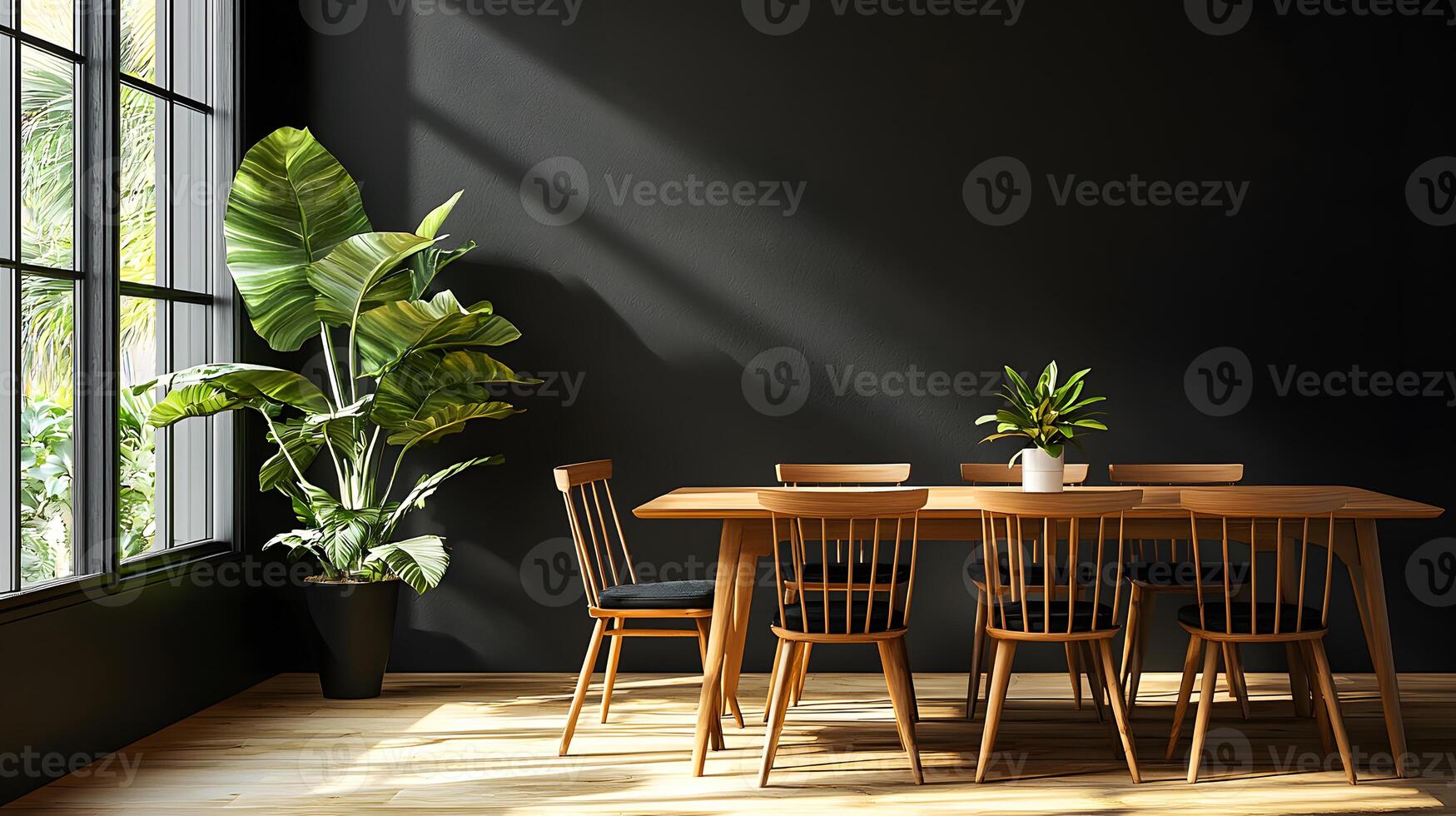 Scandinavian style dining room featuring natural wood elements and plants. photo