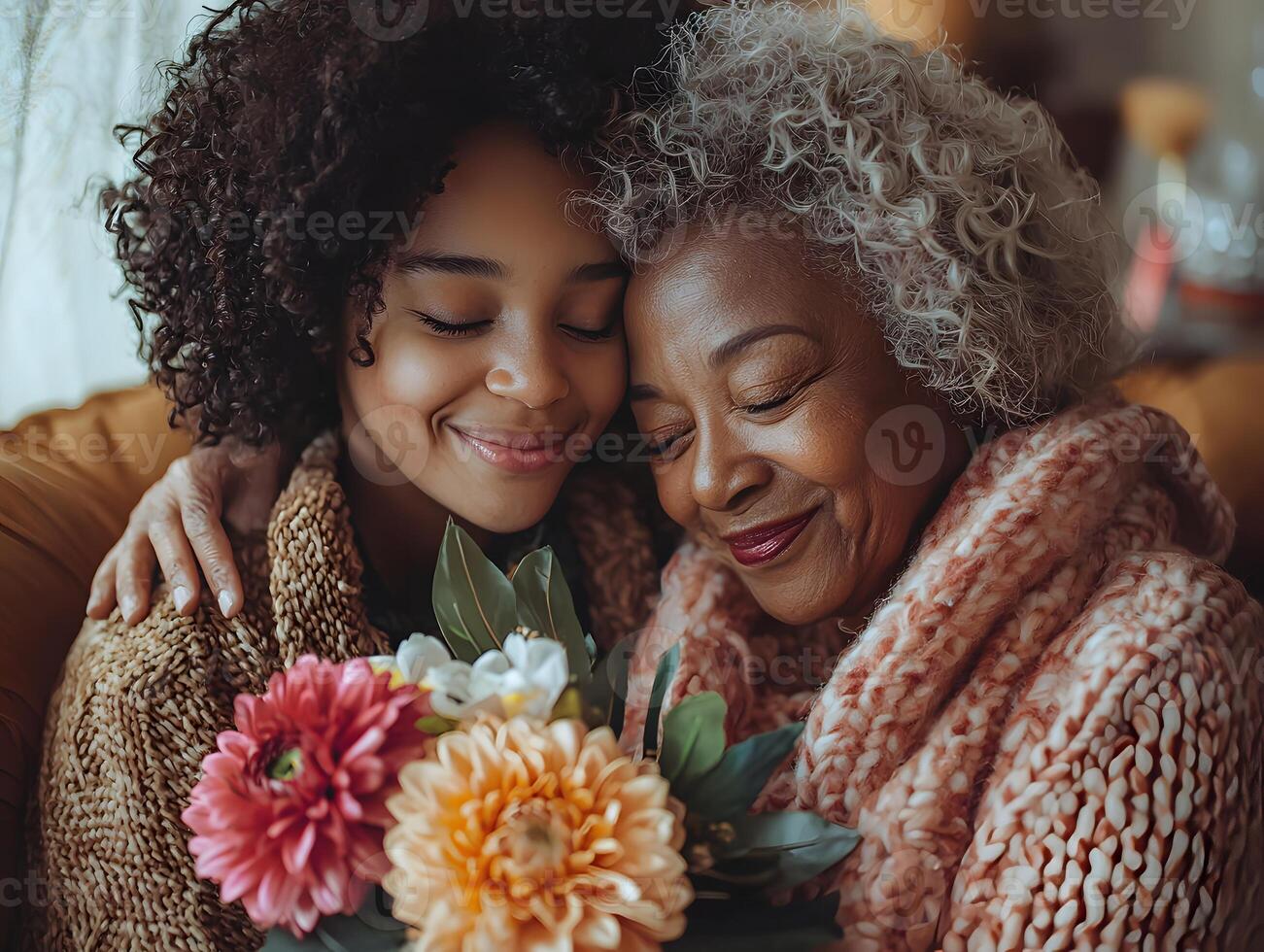 Mother embraces daughter with flowers in cozy indoor setting. photo