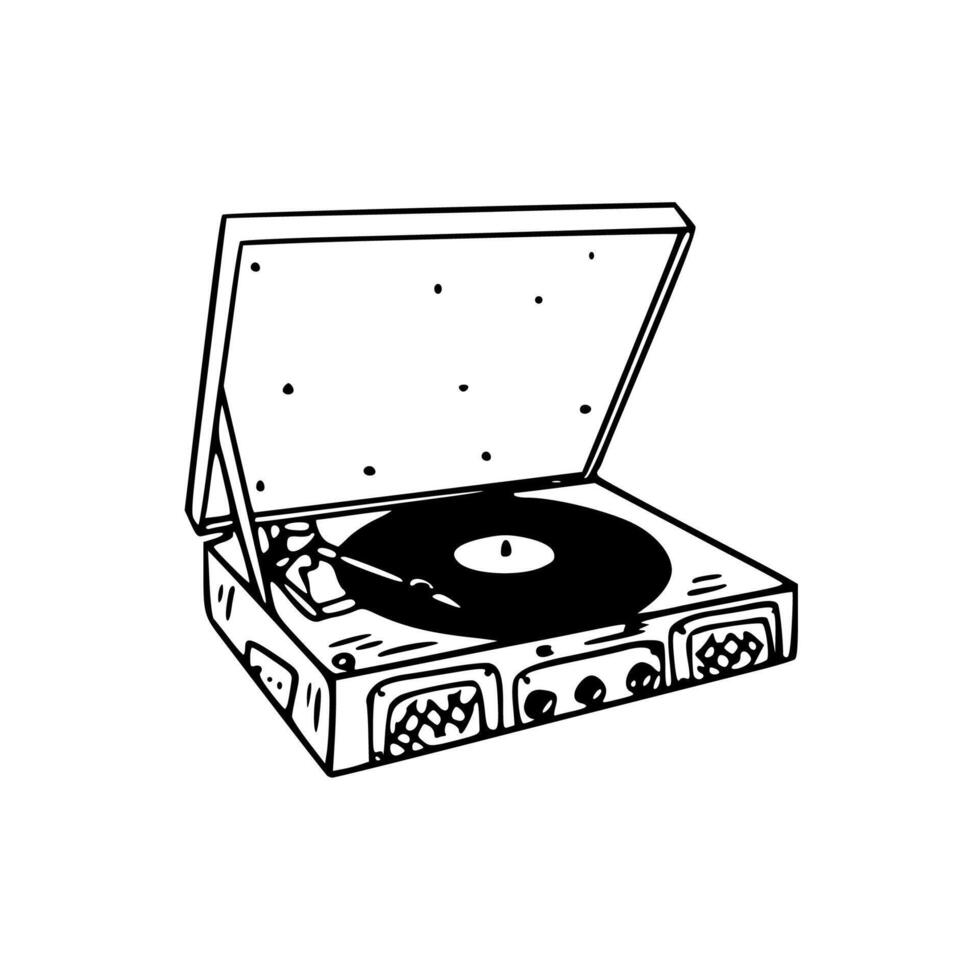 A black and white drawing of a vinyl record player vector