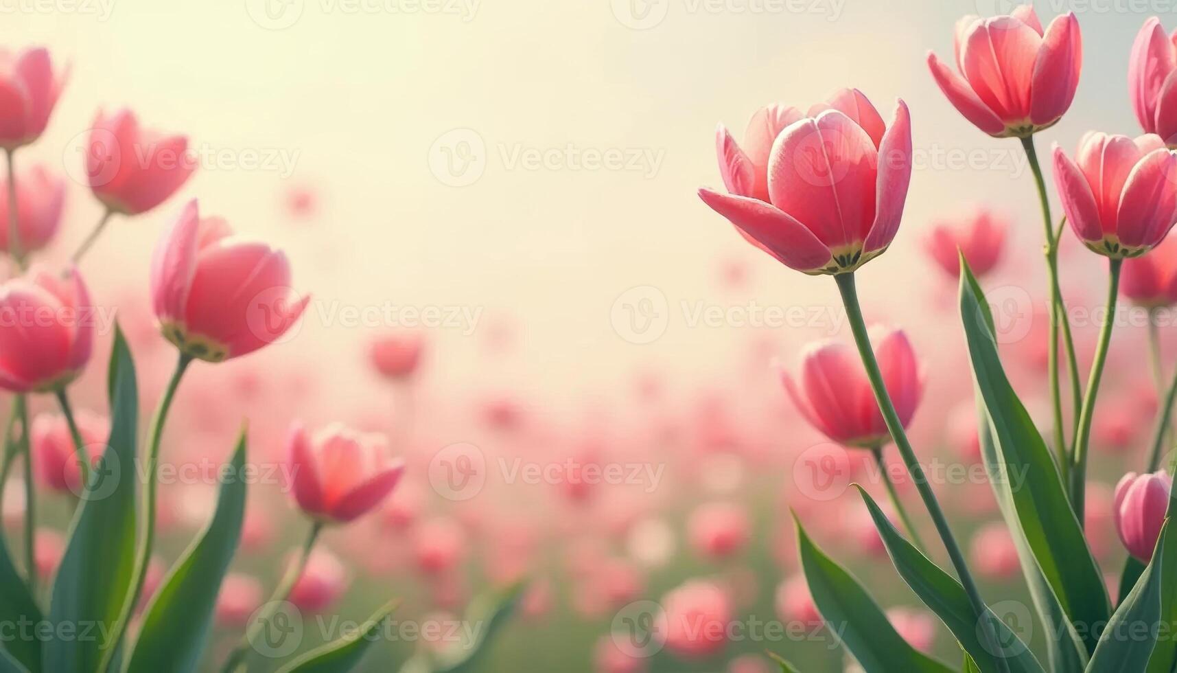 Pink spring tulip flowers blooming in the field. Soft focus and copy space for text photo