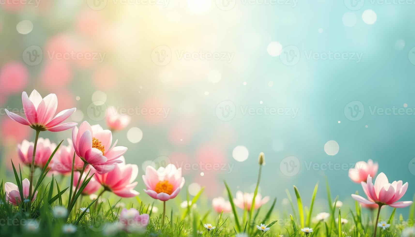 Pink tulips and daisies on green meadow with sunlight and copy space for text photo