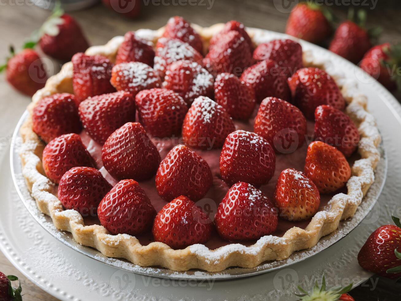 Delicious fresh strawberry tart on a white plate photo