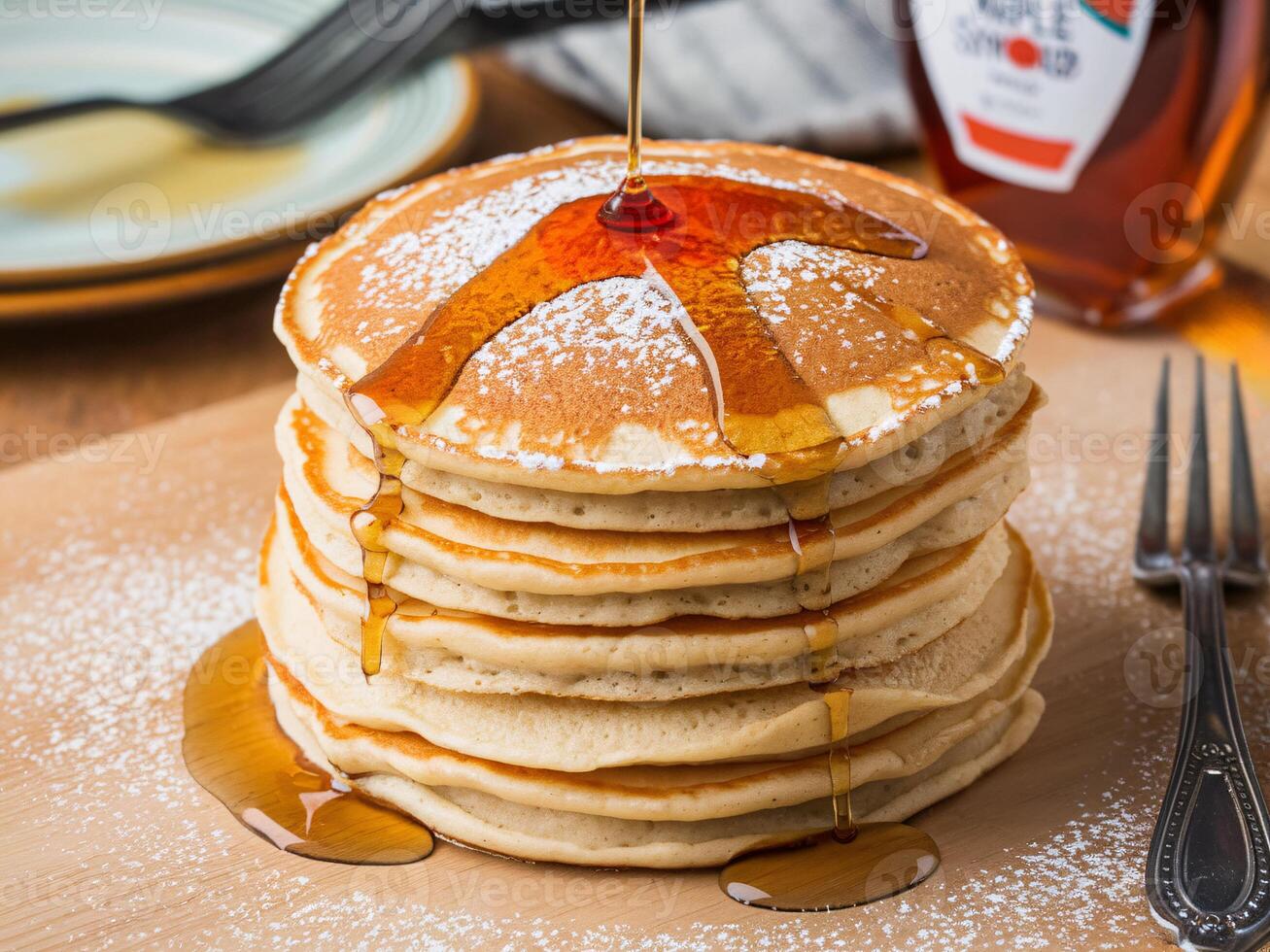 A stack of pancakes with syrup and syrup being poured on top photo
