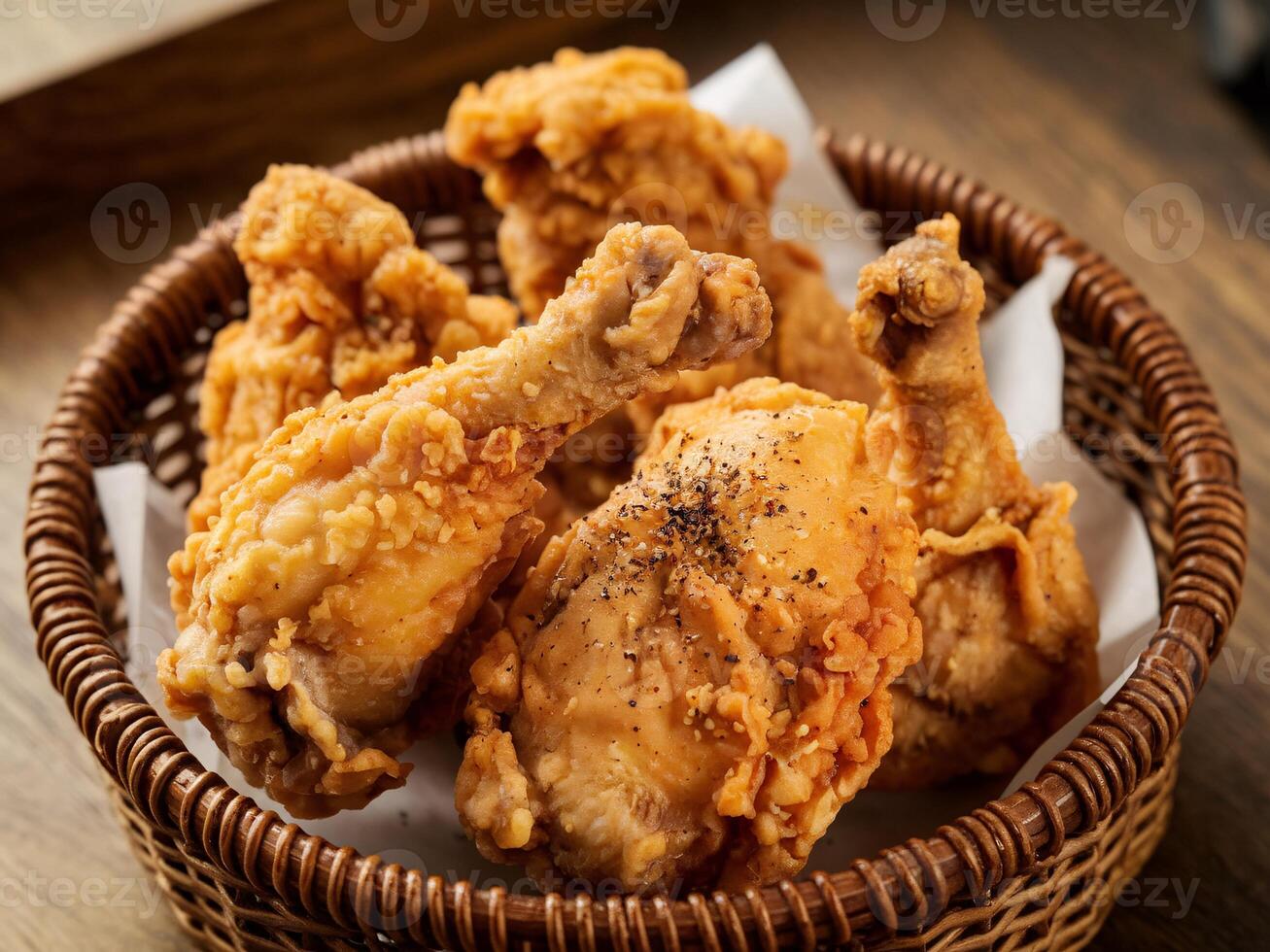Crispy fried chicken drumsticks in a basket. photo