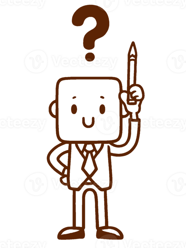 A cartoon man holding a pencil and a question mark png