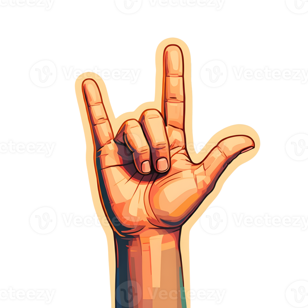 Hand showing I love you gesture in American sign language with a bright and colorful design on transparent background png