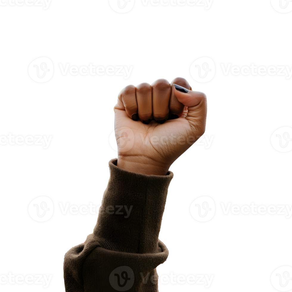 Empowering raised fist design symbolizing strength and resilience on a clean transparent background png