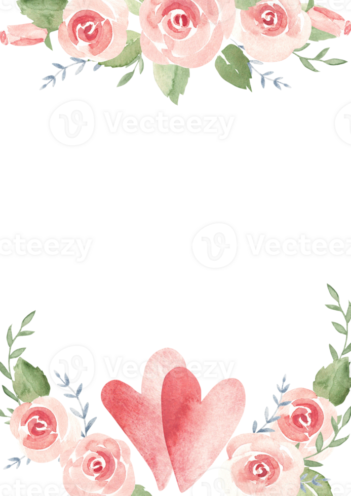 Valentines Day, Wedding Square vertical Frame, Border. Card Template with Couple of Hearts and Pink Roses and Branches. Simple painting. Love and Romantic illustration for cards, posters png