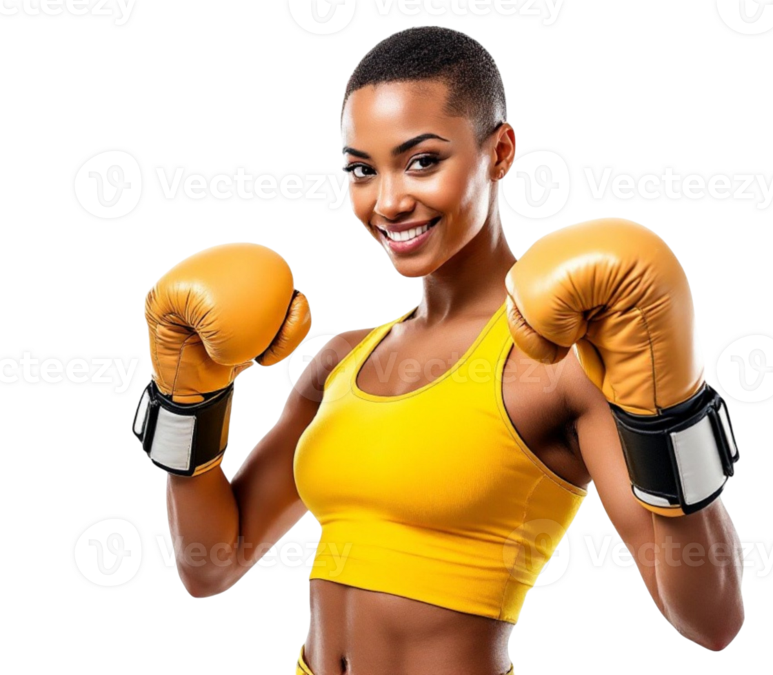 A beautiful young woman in a yellow top and boxing gloves png
