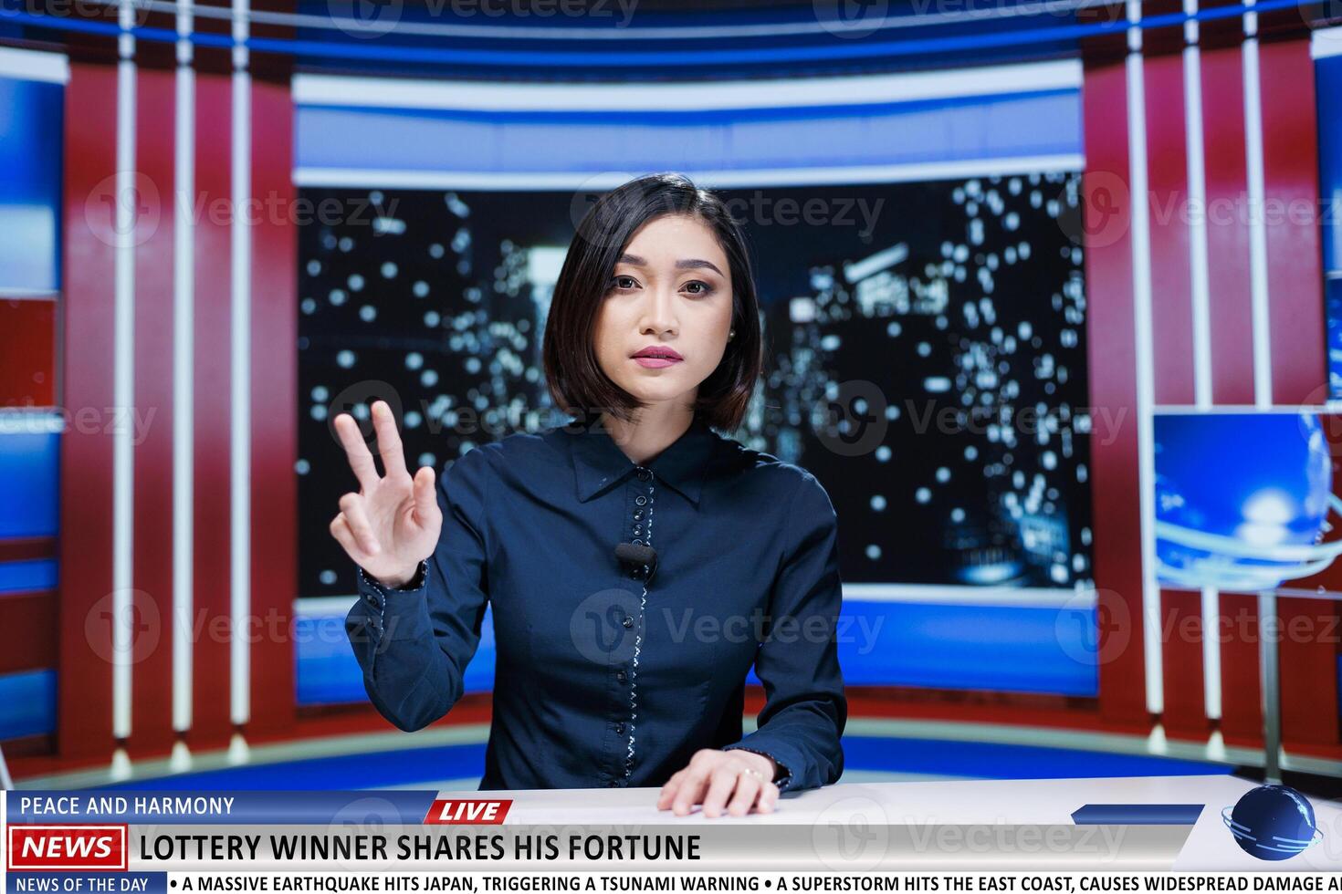 Late night show host discusses international events as donating money from lottery prize with the poor. News broadcaster reading daily headlines, content for live broadcast program. photo