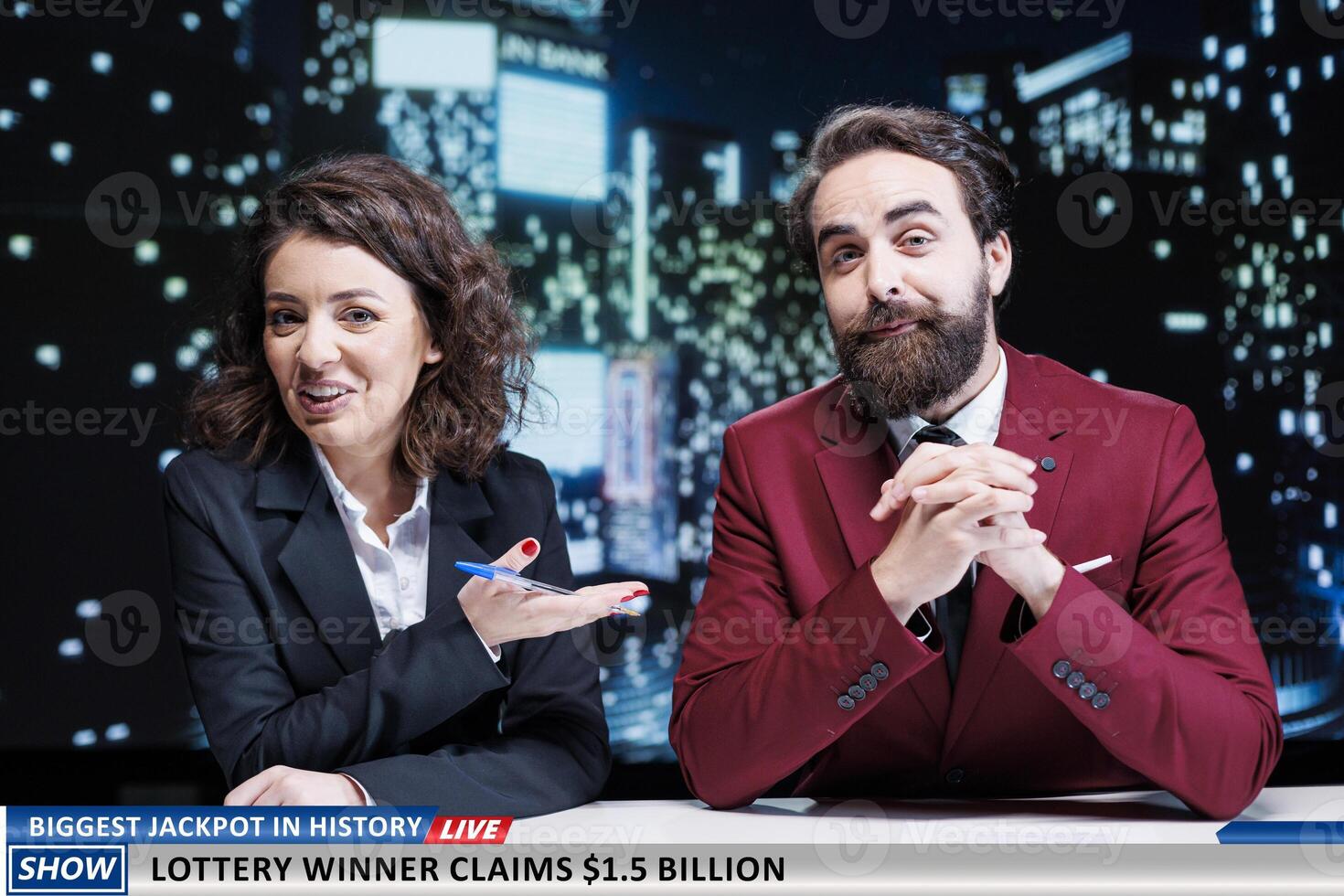 Lottery jackpot billions dollars prize presented as daily headlines, live night show television program. Team of media reporters discussing about new broadcast, lucky person winning lots of money. photo