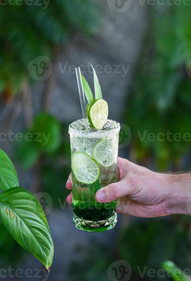 Hand holding panda leaves lemonade with desiccated coconut and green syrup on natural leaves background with copy space photo