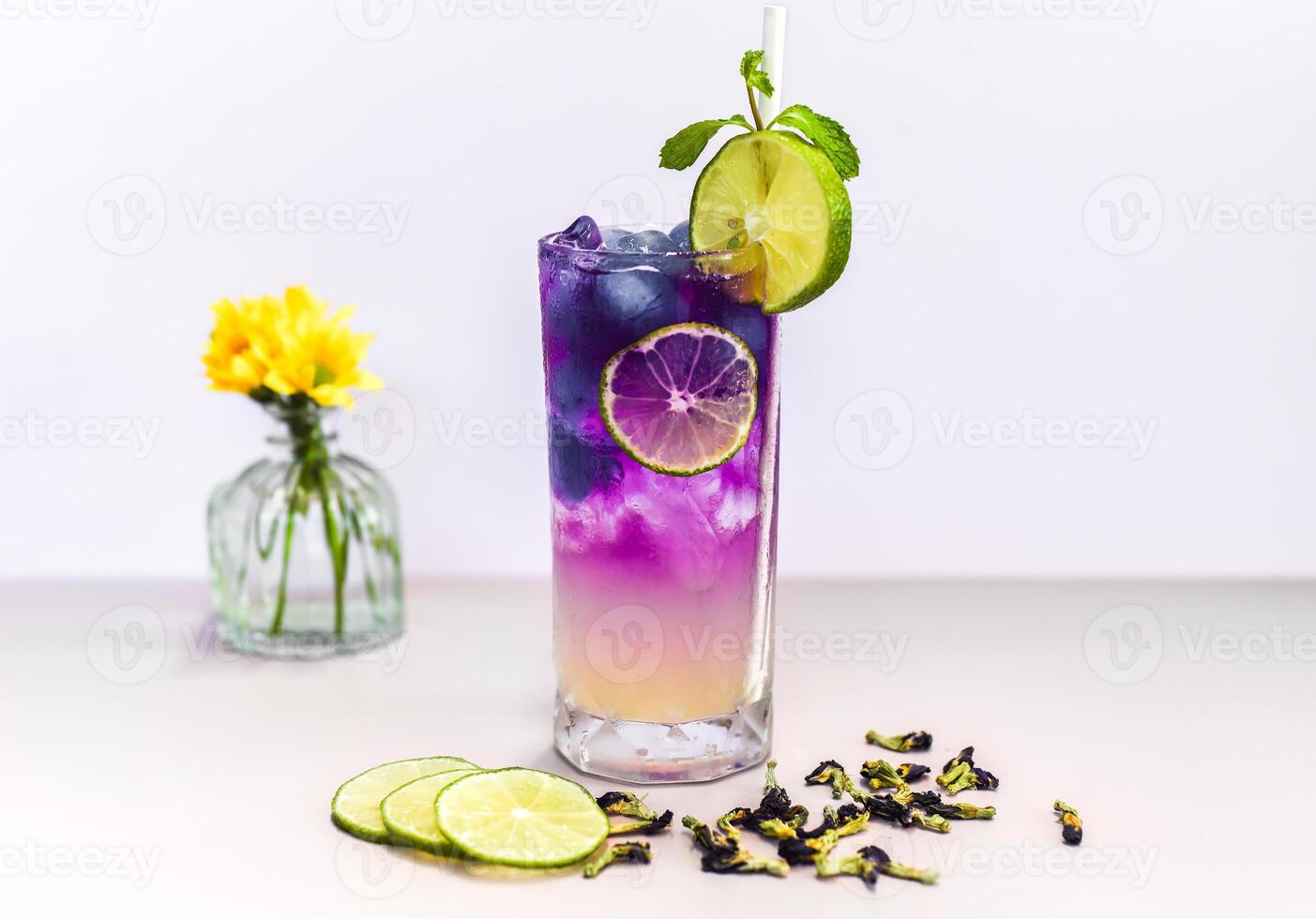 Lemonade with butterfly pea flowers and blue syrup with copy space photo