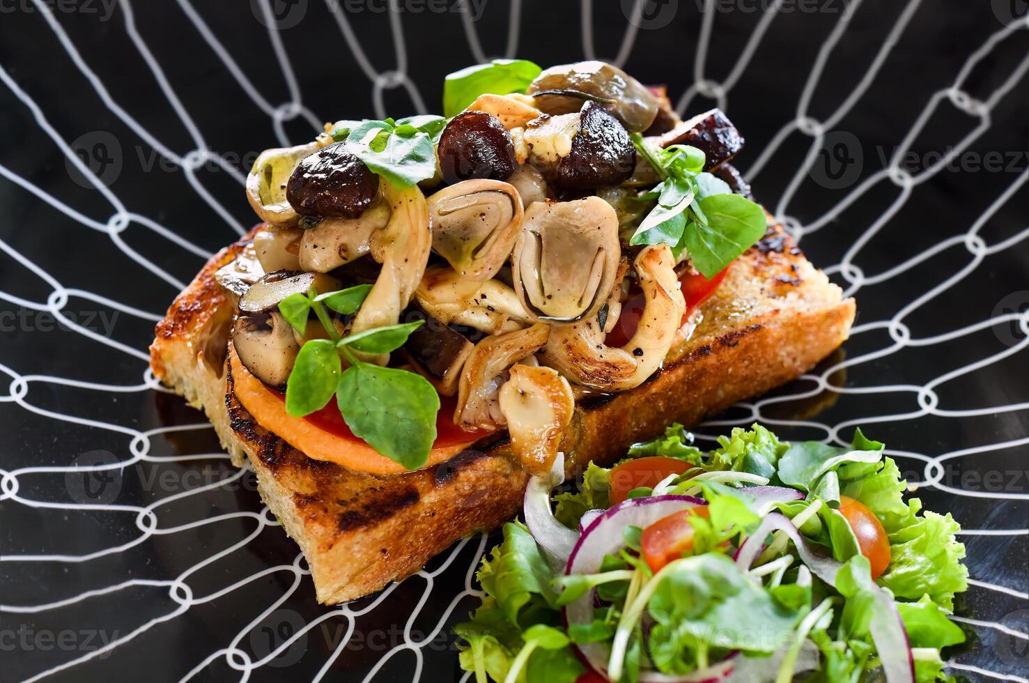 Mushrooms on toast with hummus, garlic butter, thyme and truffle oil on black plate photo
