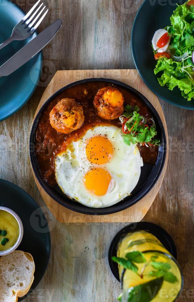 Vietnamese Banh mi chao with salted egg yolk meatballs, tomatoes relish, fried eggs and served with sauce, salad and lemonade drink photo