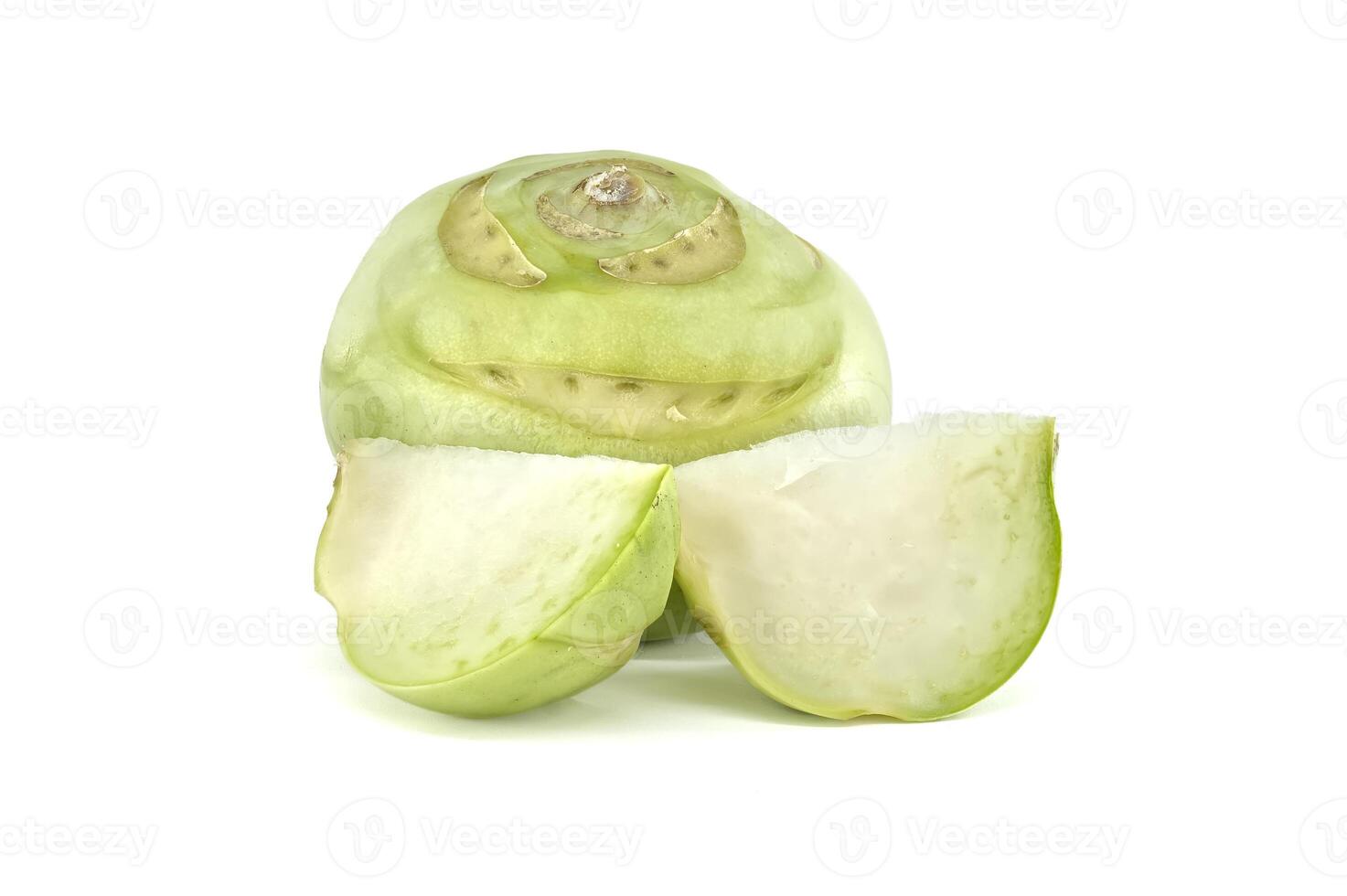 Fresh Kohlrabi Whole and Sliced on White Background. photo