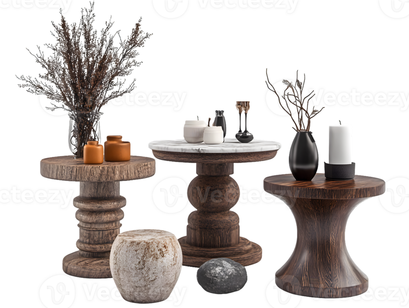 Rustic Wooden Pedestal Tables with Dried Floral Arrangements png