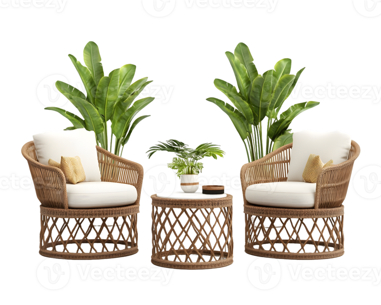 Serene Patio Setting with Wicker Chairs and Tropical Plants png