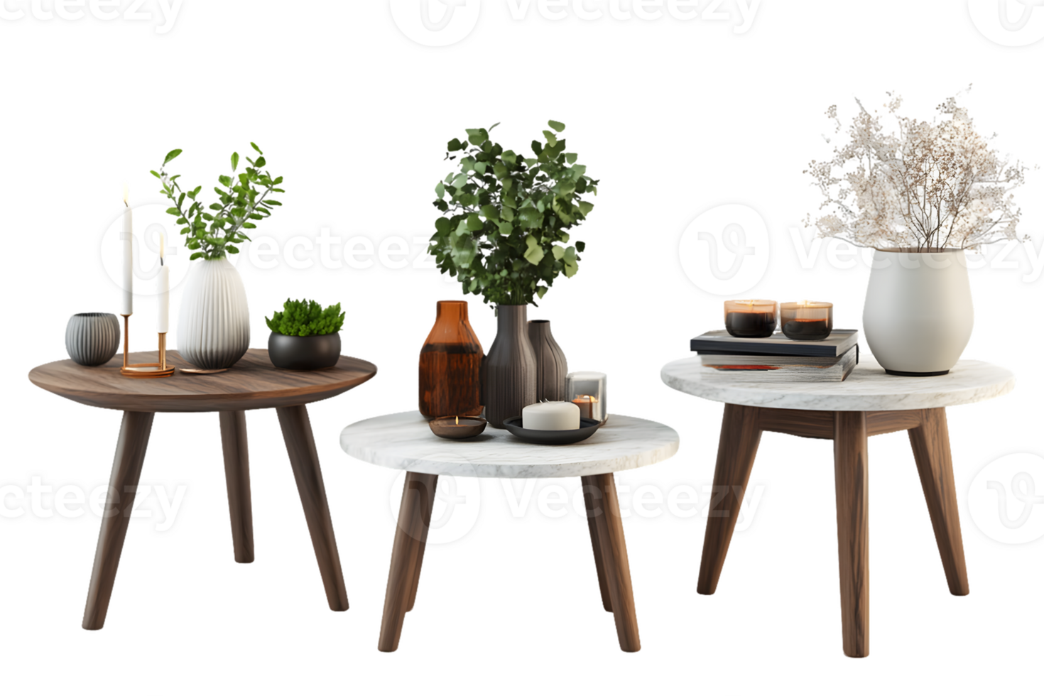 Three Wooden Side Tables with Home Decor Accents png