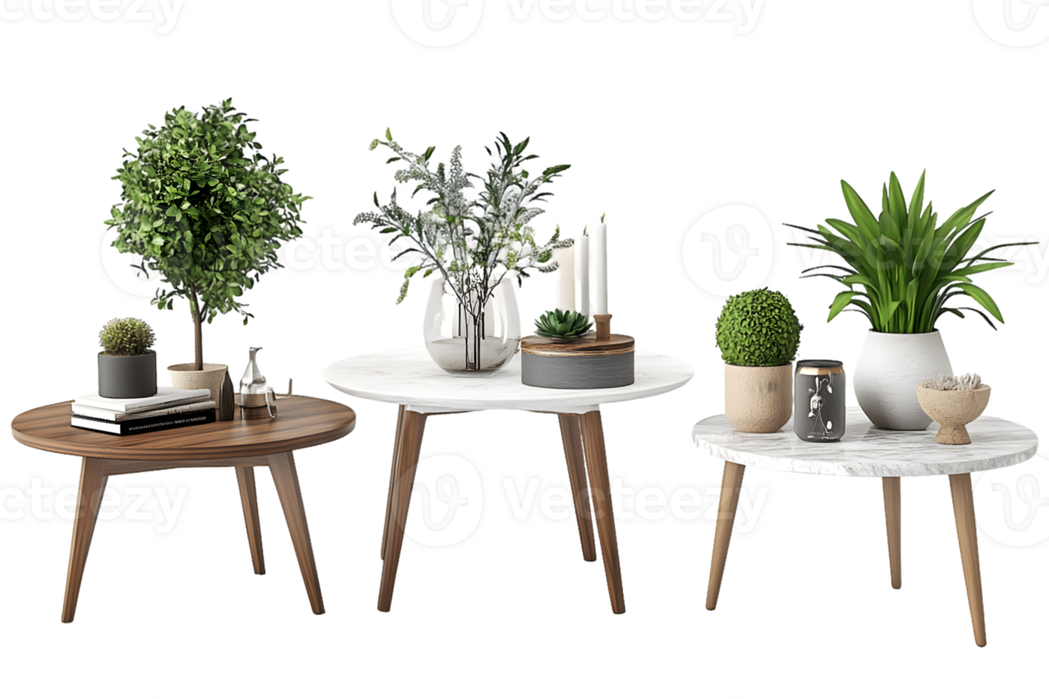 Three Round Coffee Tables with Plants and Decor png