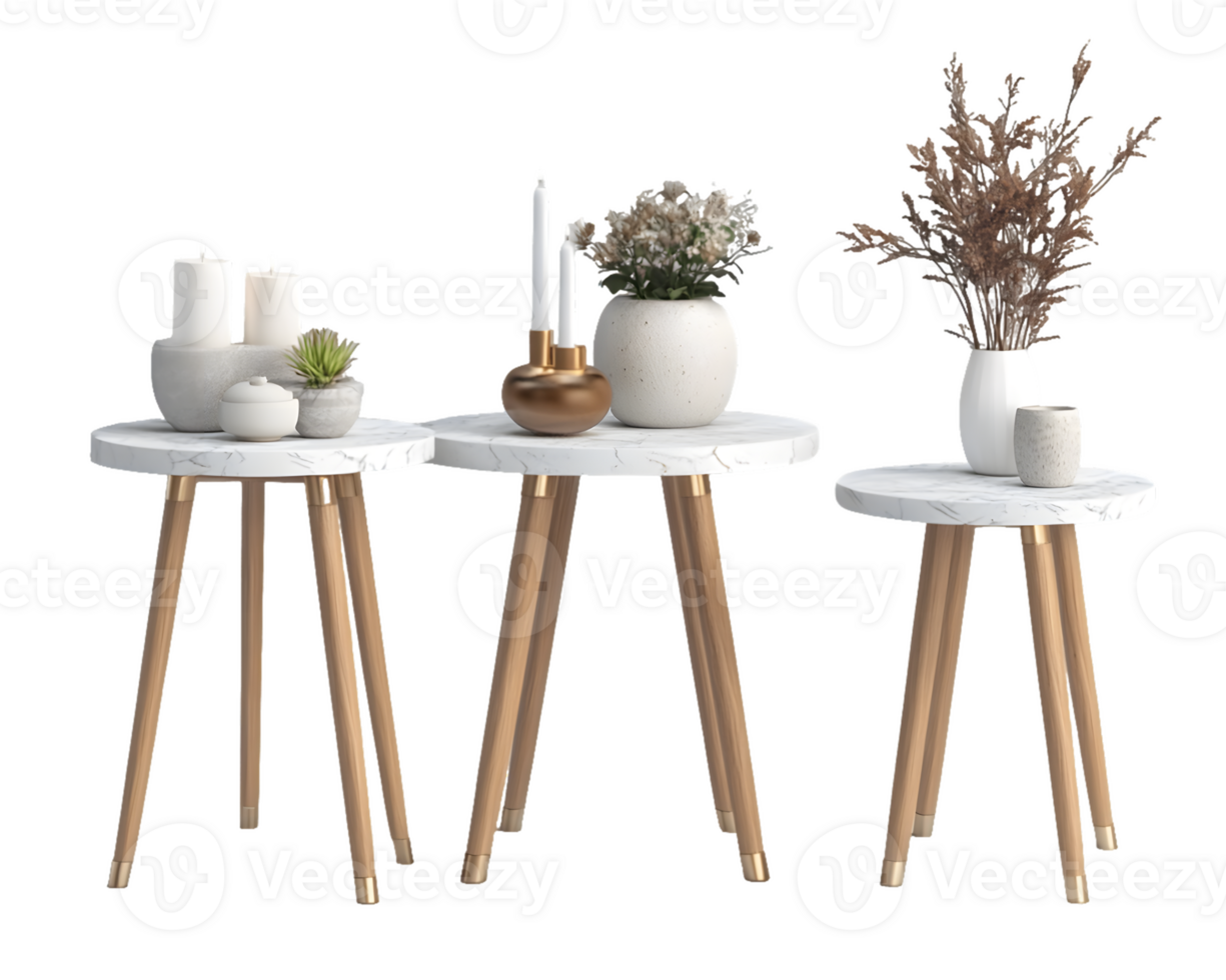 White Marble Nesting Tables with Wooden Legs and Floral Decor png