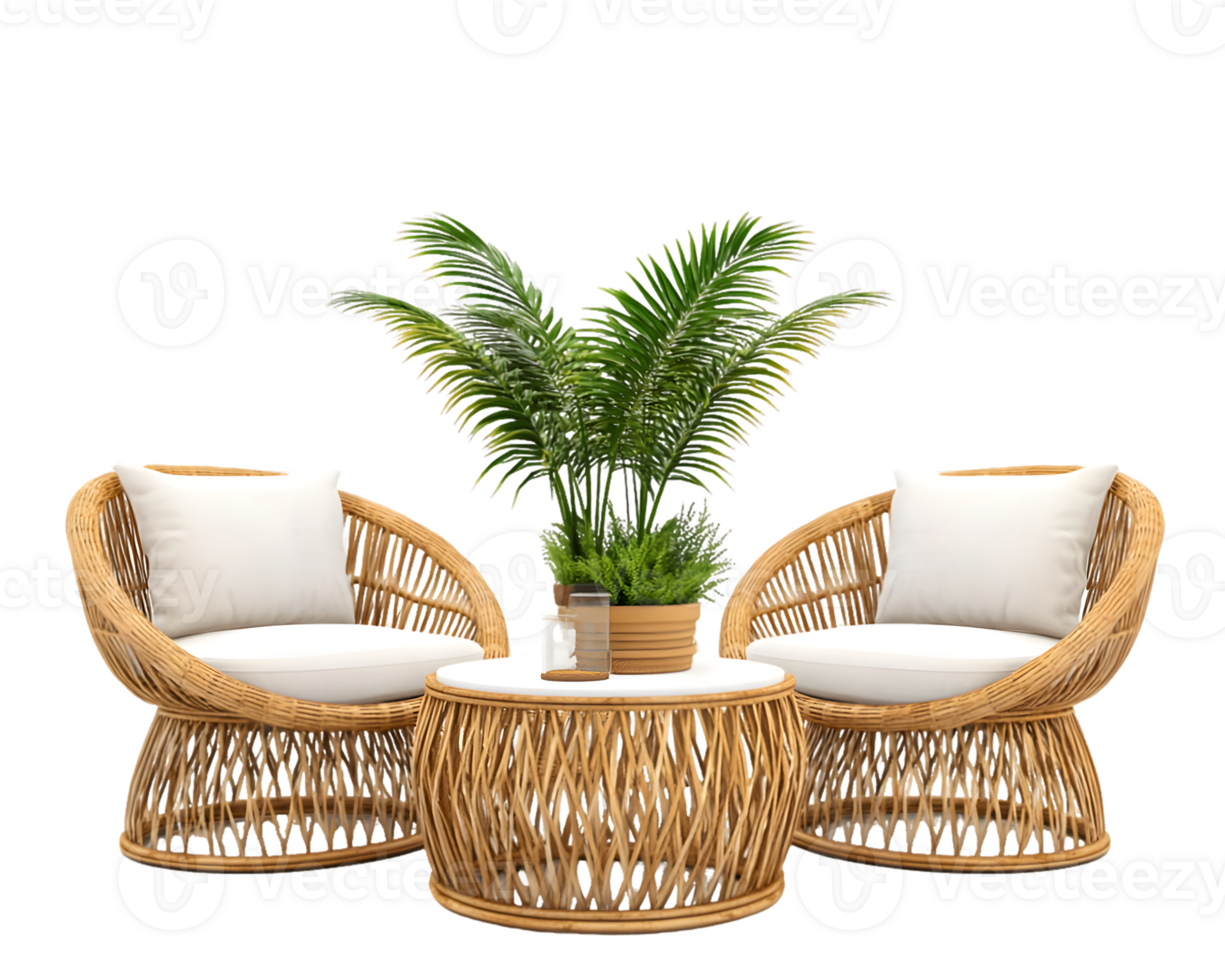 Wicker Patio Furniture Set with Palm Plant png