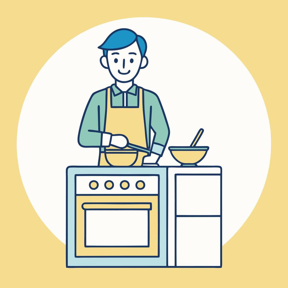a man is cooking in the kitchen with a bowl of food vector