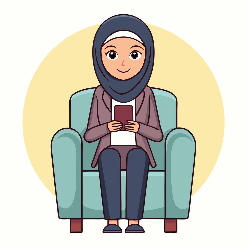 muslim woman sitting on couch with phone in hand vector