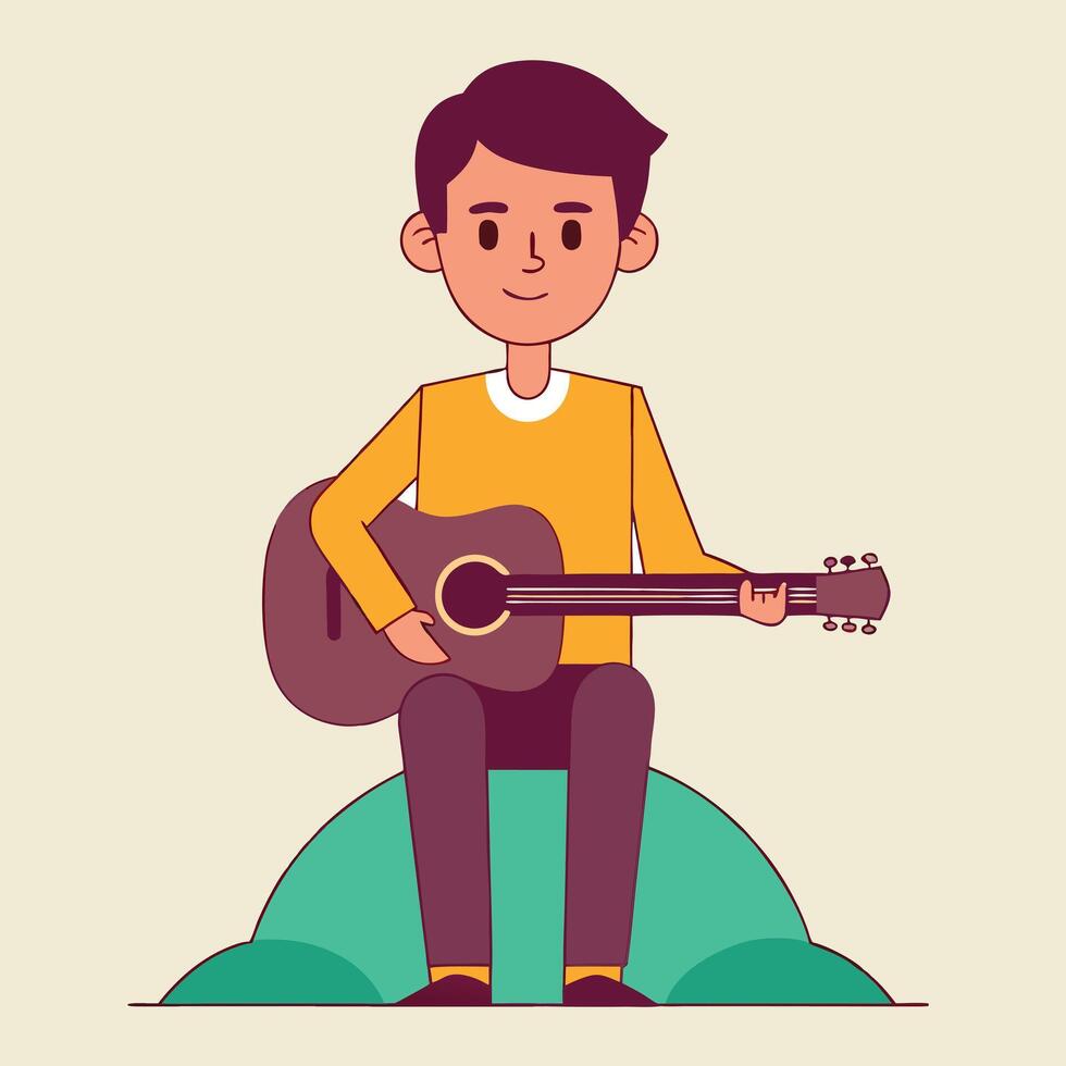 a man sitting on a rock with an acoustic guitar vector