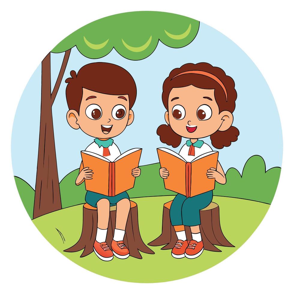 two children reading books in the park vector