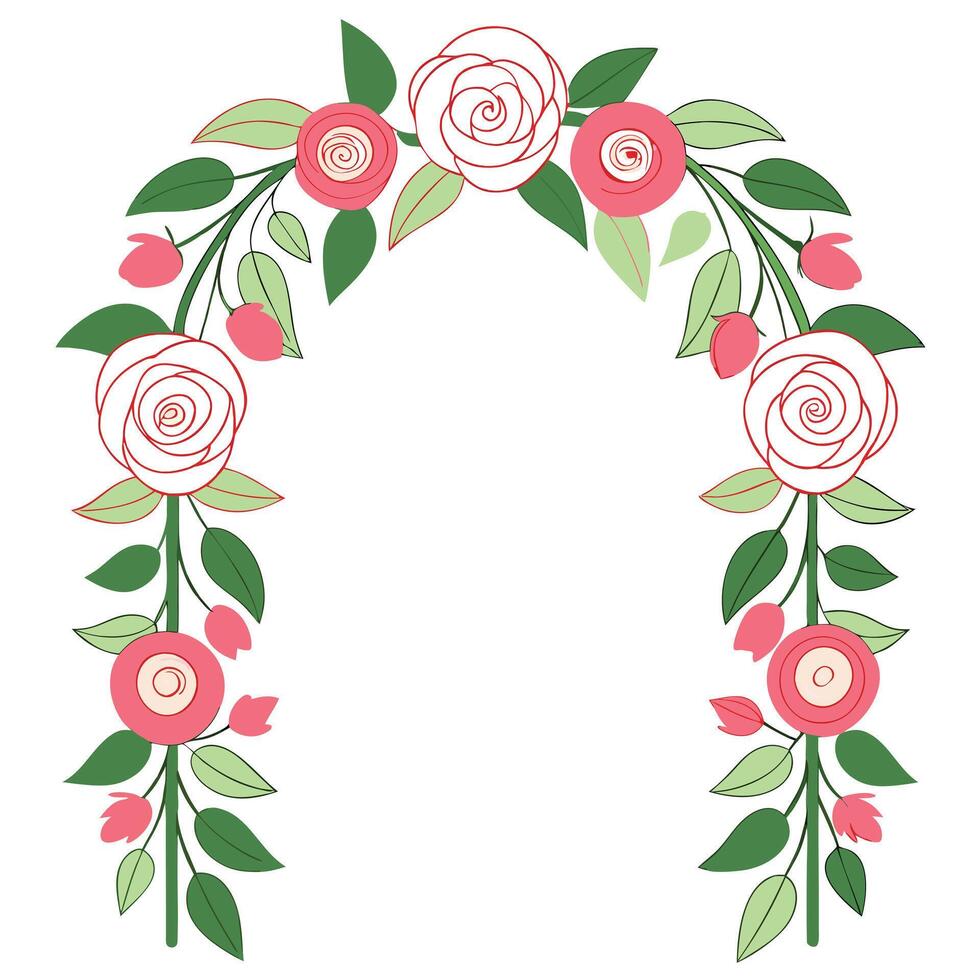 a floral arch with pink roses and green leaves vector