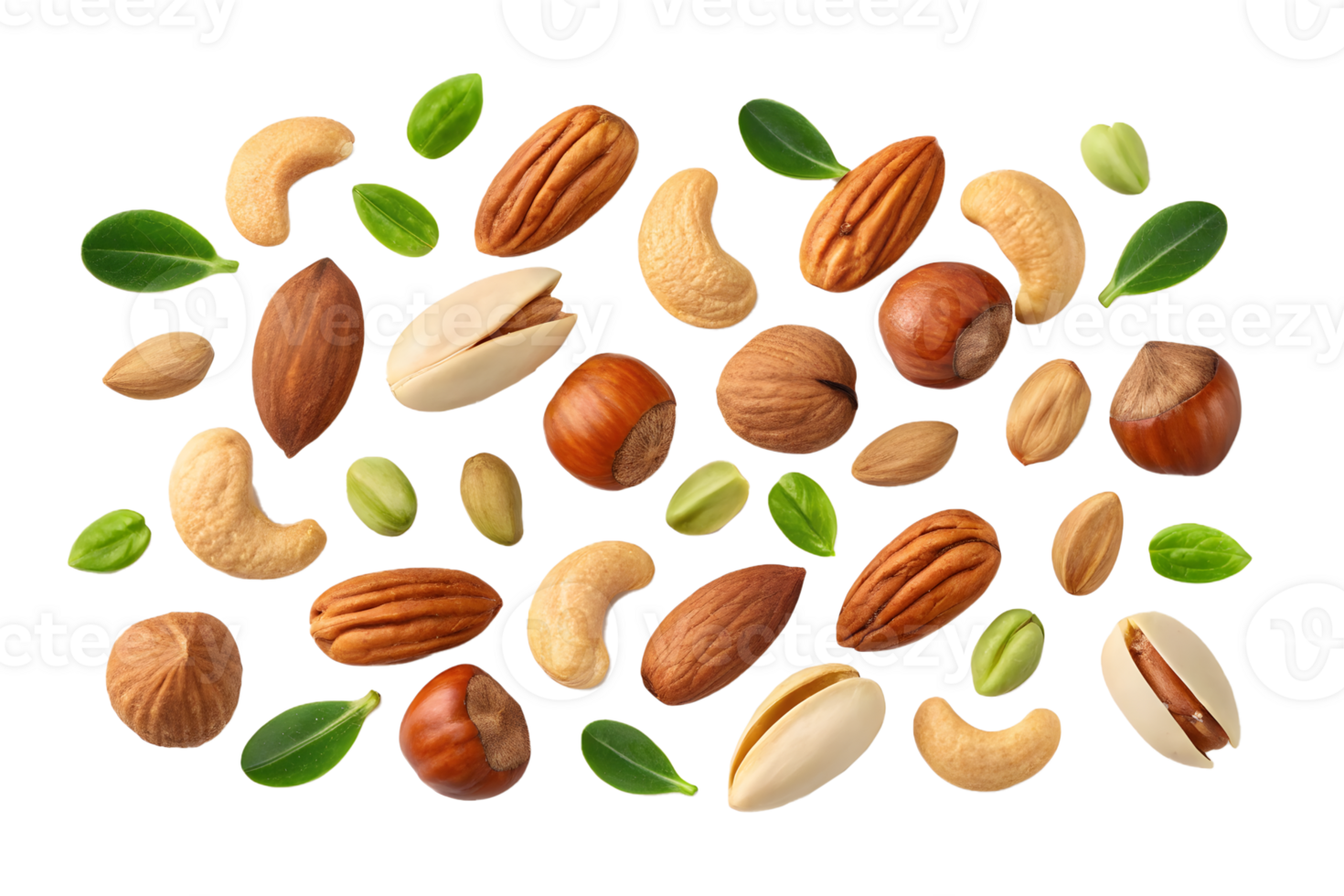 Variety of nuts including almonds, cashews, pecans, and pistachios with fresh green leaves, nutrition png