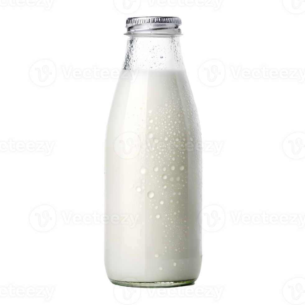 Glass bottle filled with milk, condensation droplets on surface, isolated. freshness and dairy products png