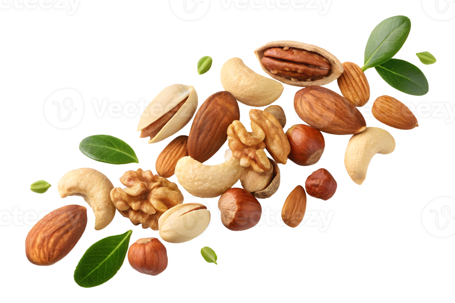 Mixed nuts including almonds, walnuts, cashews, and pistachios with scattered green leaves, healthy snack png