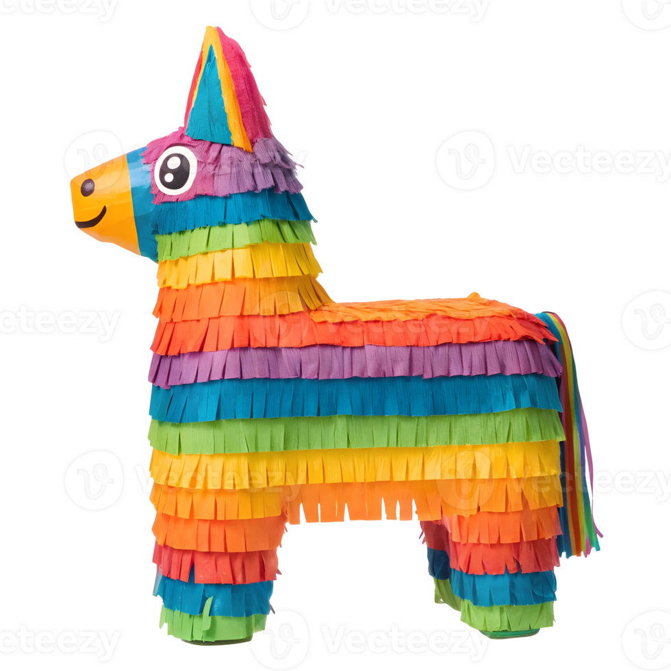 Vibrant rainbow-colored donkey-shaped pinata with layered fringes, crafted from paper. Festive celebration png
